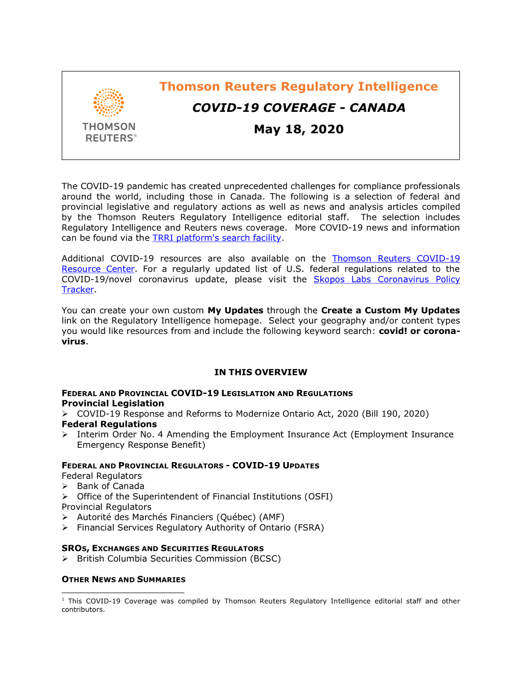 COVID-19 COVERAGE - CANADA Compiled by Publisher's Staff.1 May 18, 2020