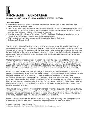 RIECHMANN – WUNDERBAR Release: July 24Th 2009 ● CD + Vinyl ● BB27 (CD 930362/LP 930361)