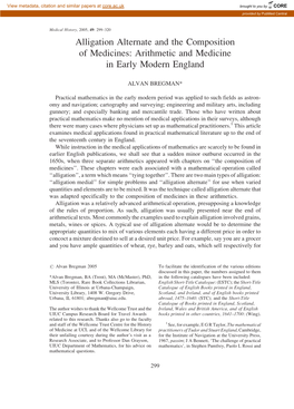 Alligation Alternate and the Composition of Medicines: Arithmetic and Medicine in Early Modern England