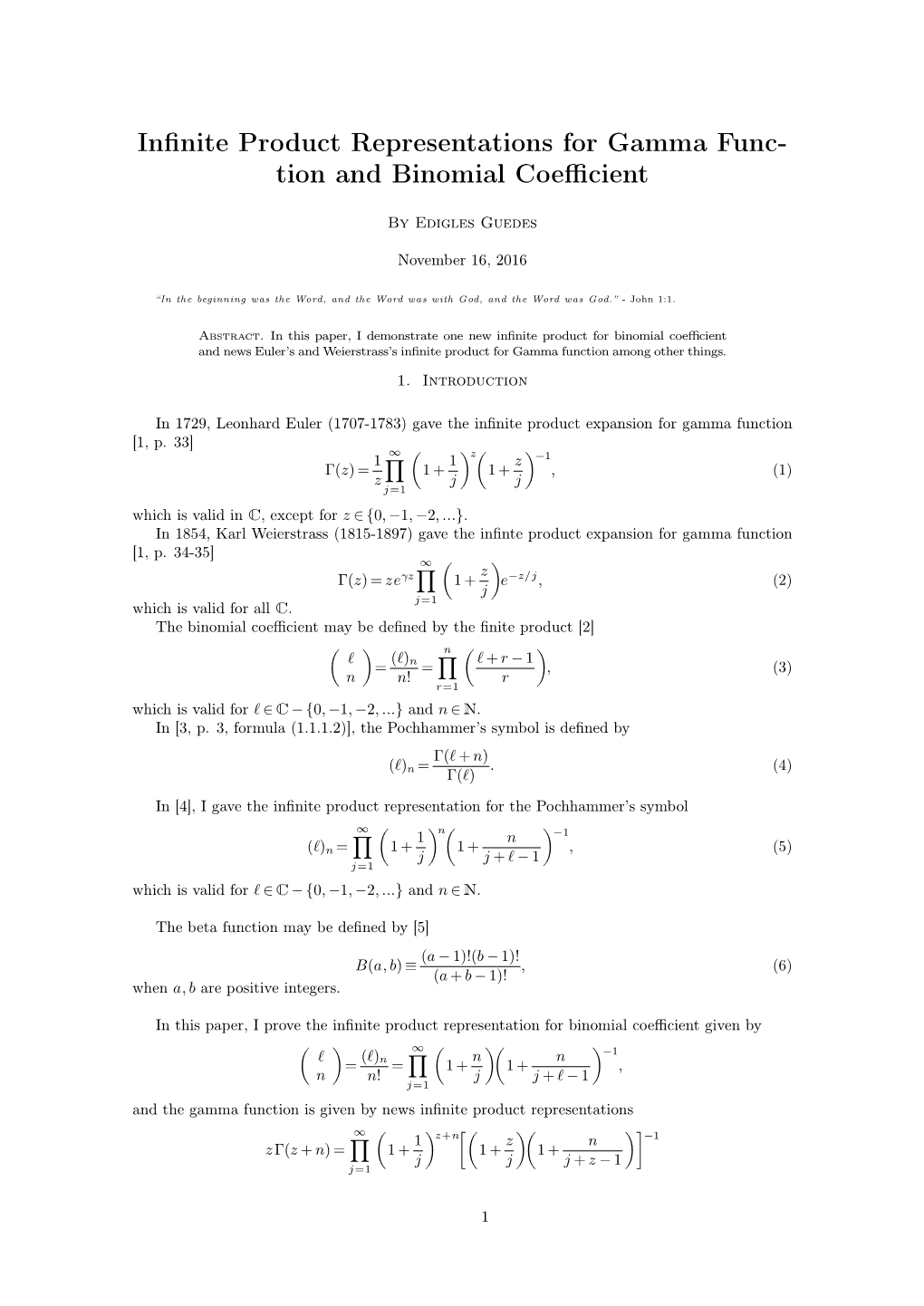 Infinite Product Representations for Gamma Function and Binomial