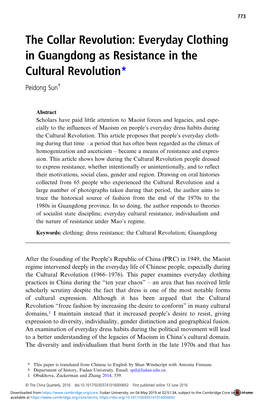 The Collar Revolution: Everyday Clothing in Guangdong As Resistance in the Cultural Revolution* Peidong Sun†