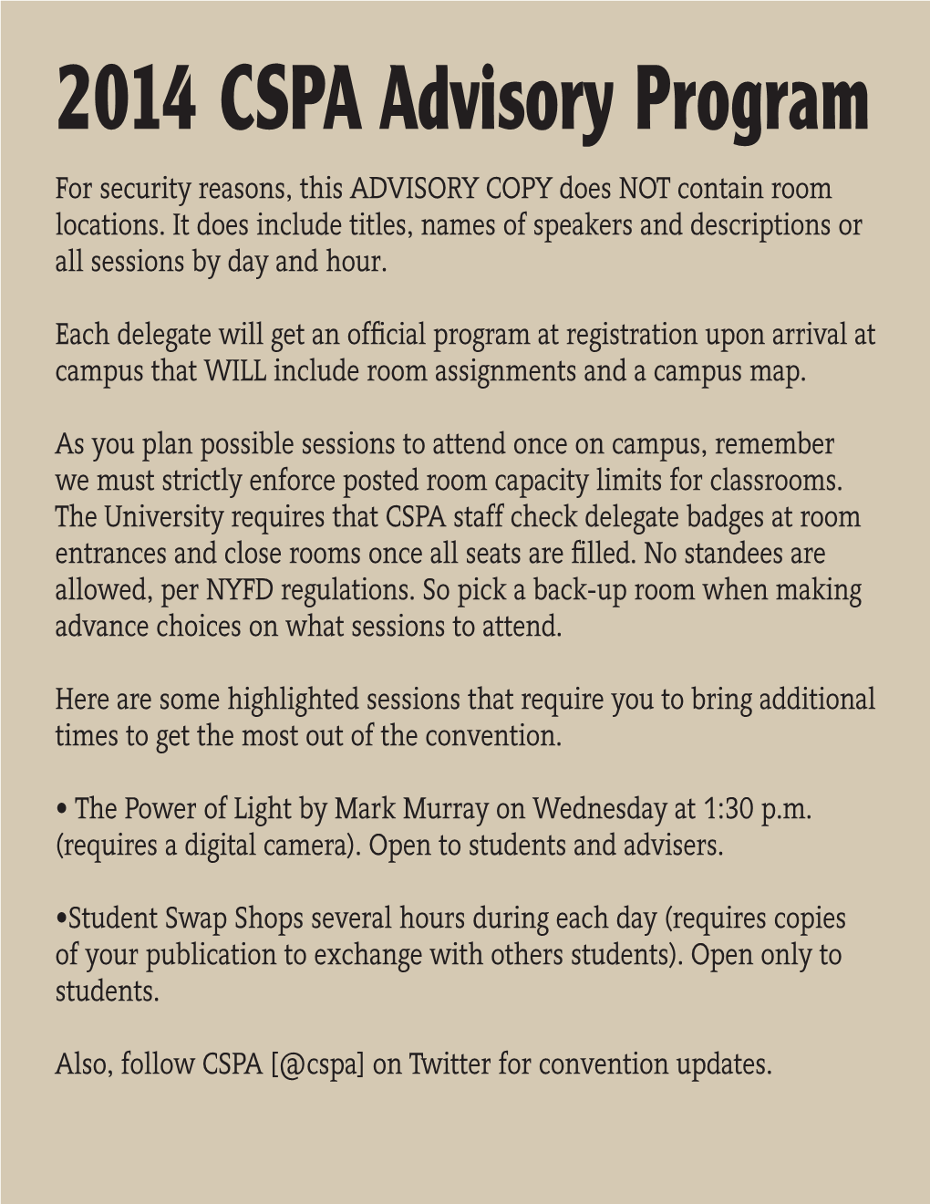2014 CSPA Advisory Program for Security Reasons, This ADVISORY COPY Does NOT Contain Room Locations