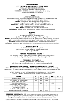 New Naco Take-Out and Delivery Menu 5.11.20