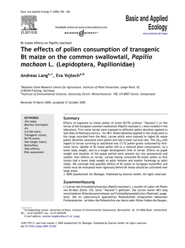 The Effects of Pollen Consumption of Transgenic Bt Maize on the Common Swallowtail, Papilio Machaon L