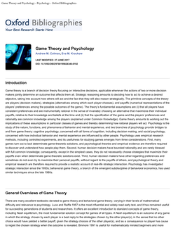 Game Theory and Psychology - Psychology - Oxford Bibliographies