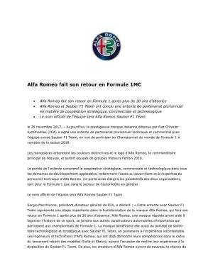 Alfa Romeo Fait Son Retour En Formule 1MC