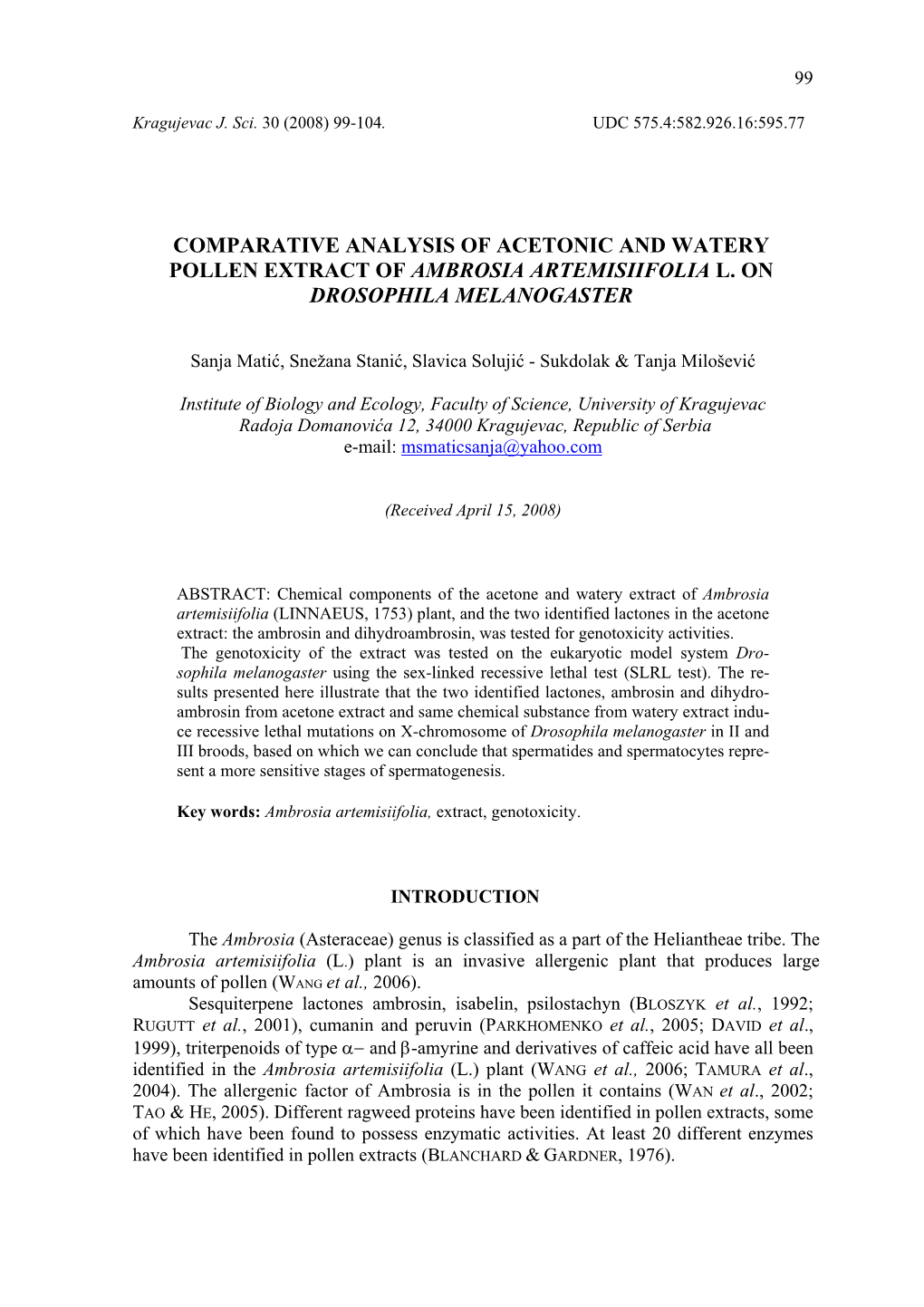 Biological Activity of Acetone Extract of Pollen Of