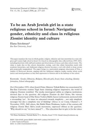 Navigating Gender, Ethnicity and Class in Religious Zionist Identity and Culture Elana Sztokman* Bar Ilan University, Israel