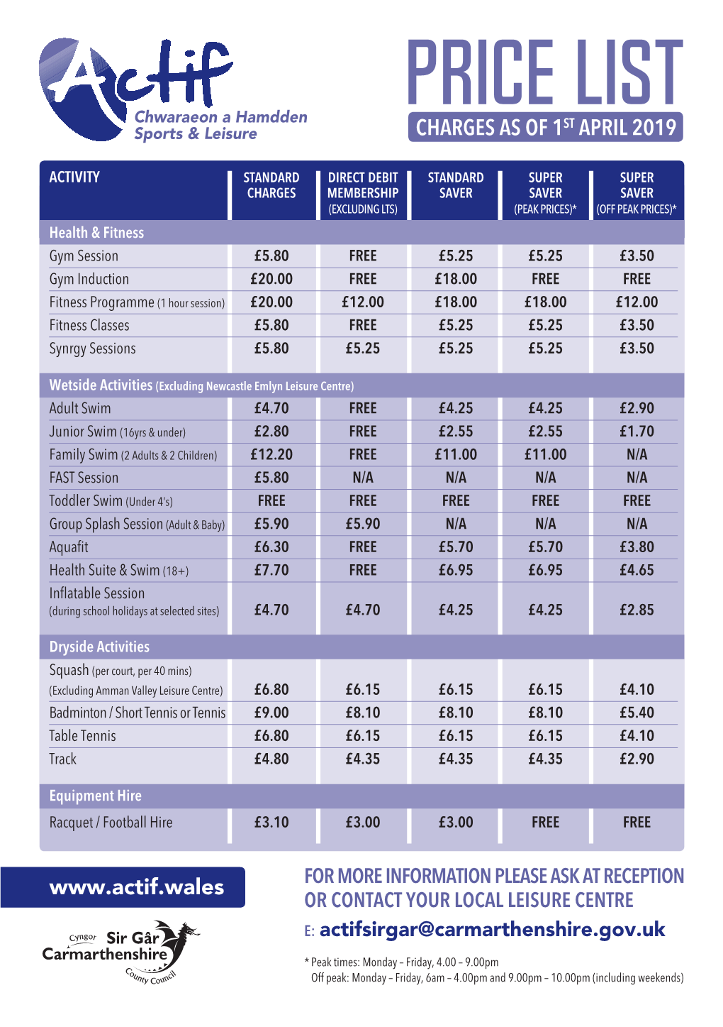 Price List CHARGES AS of 1ST APRIL 2019