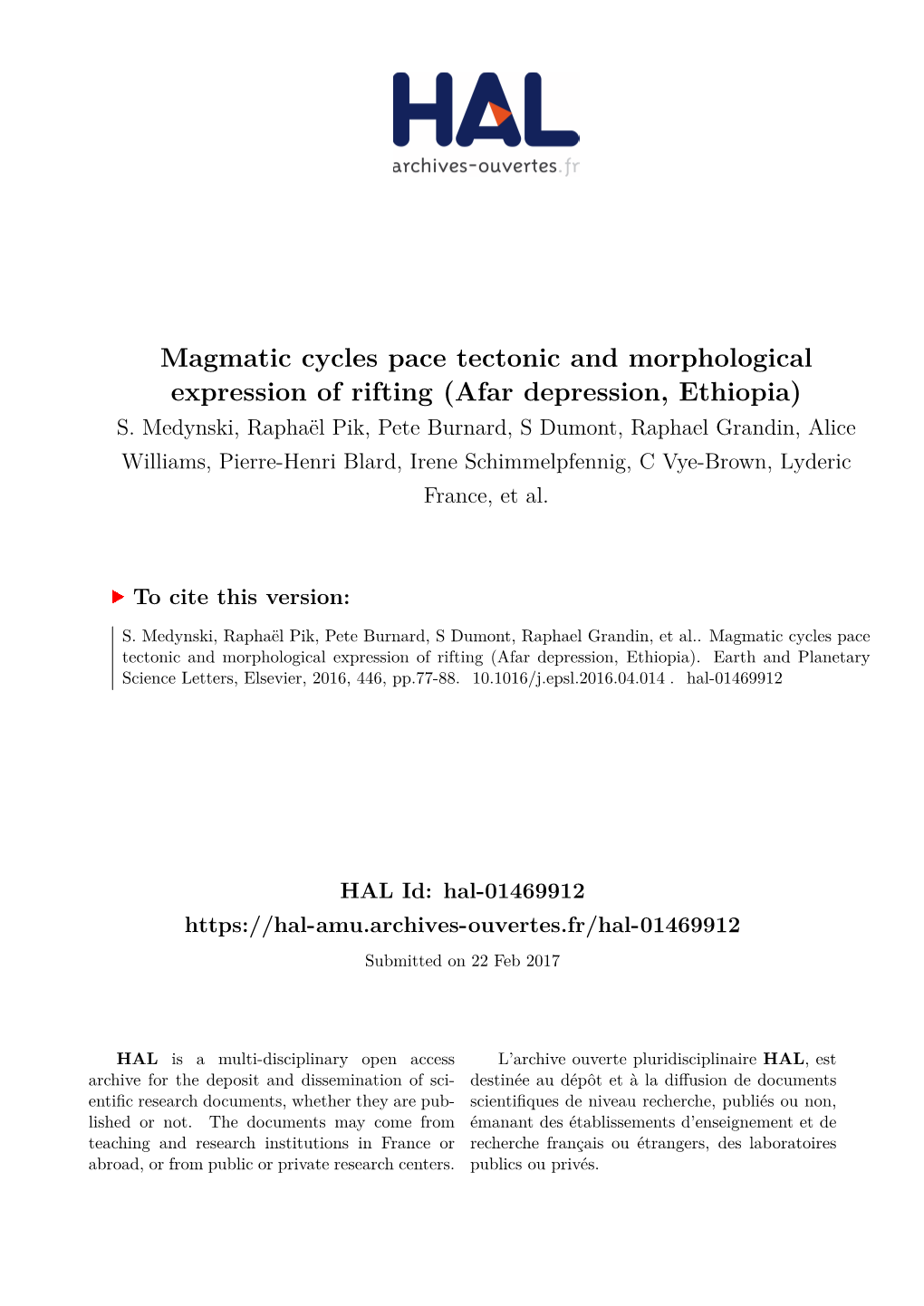 Magmatic Cycles Pace Tectonic and Morphological Expression of Rifting (Afar Depression, Ethiopia) S