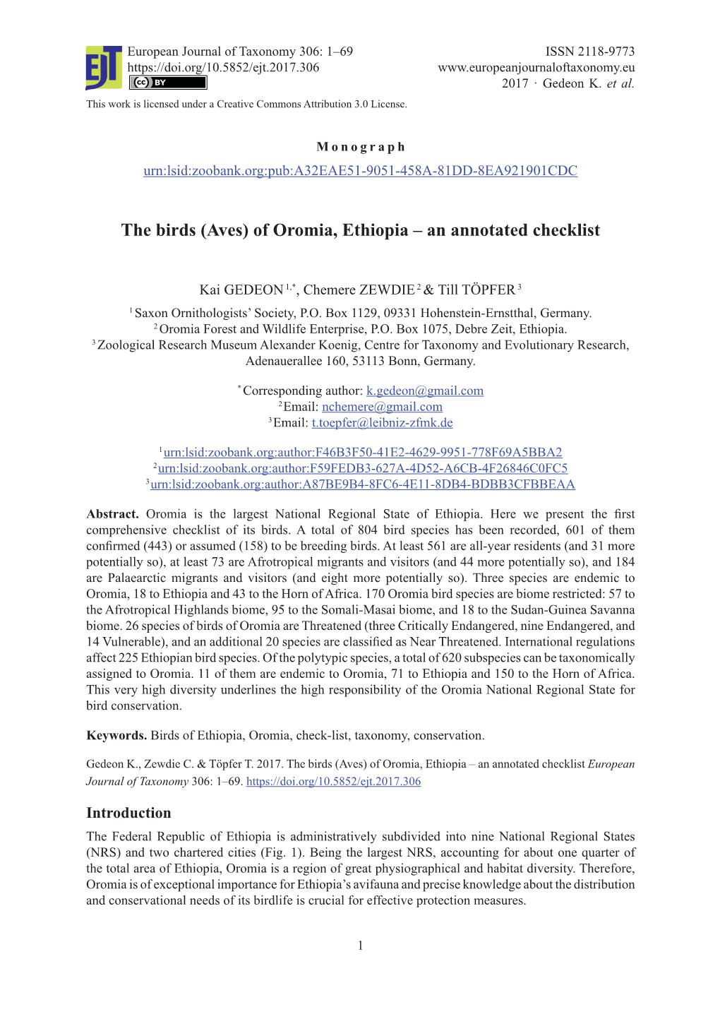 The Birds (Aves) of Oromia, Ethiopia – an Annotated Checklist