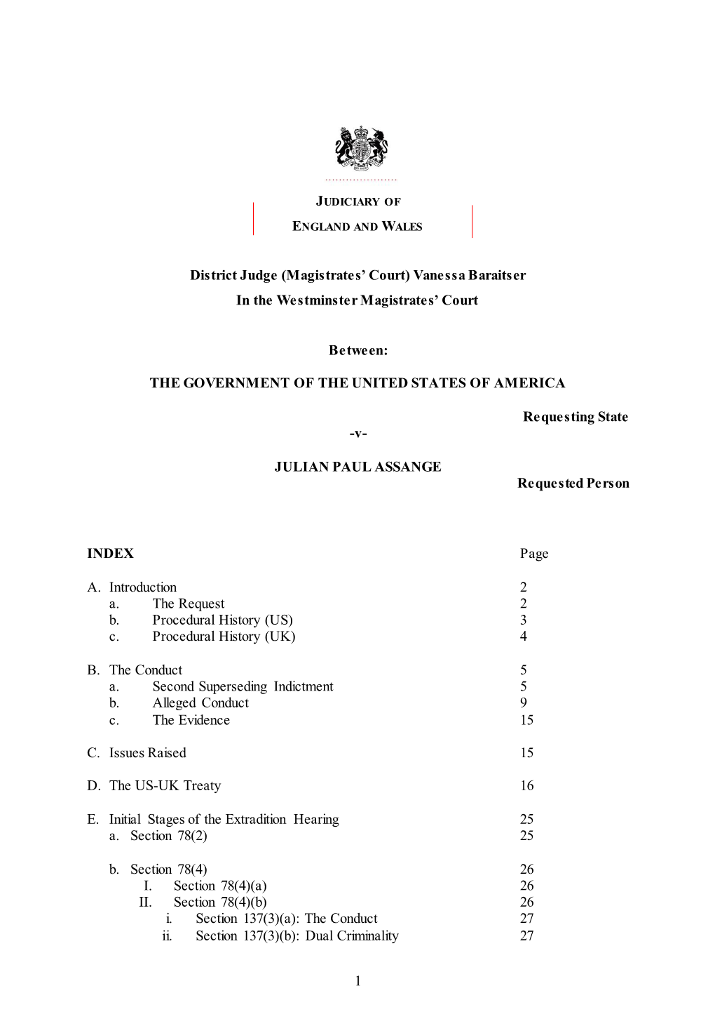 USA -V- Julian Assange Judgment