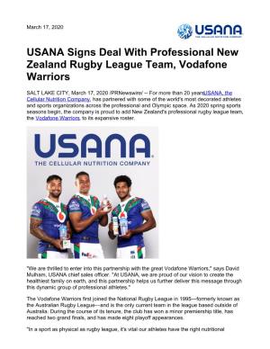 USANA Signs Deal with Professional New Zealand Rugby League Team, Vodafone Warriors