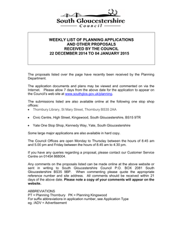 Weekly List of Planning Applications and Other Proposals Received by the Council 22 December 2014 to 04 January 2015