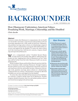Obamacare and American Values: Impact on Work, Marriage, Citizenship and the Disabled