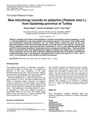 New Microfungi Records on Pistachio (Pistacia Vera L.) from Gaziantep