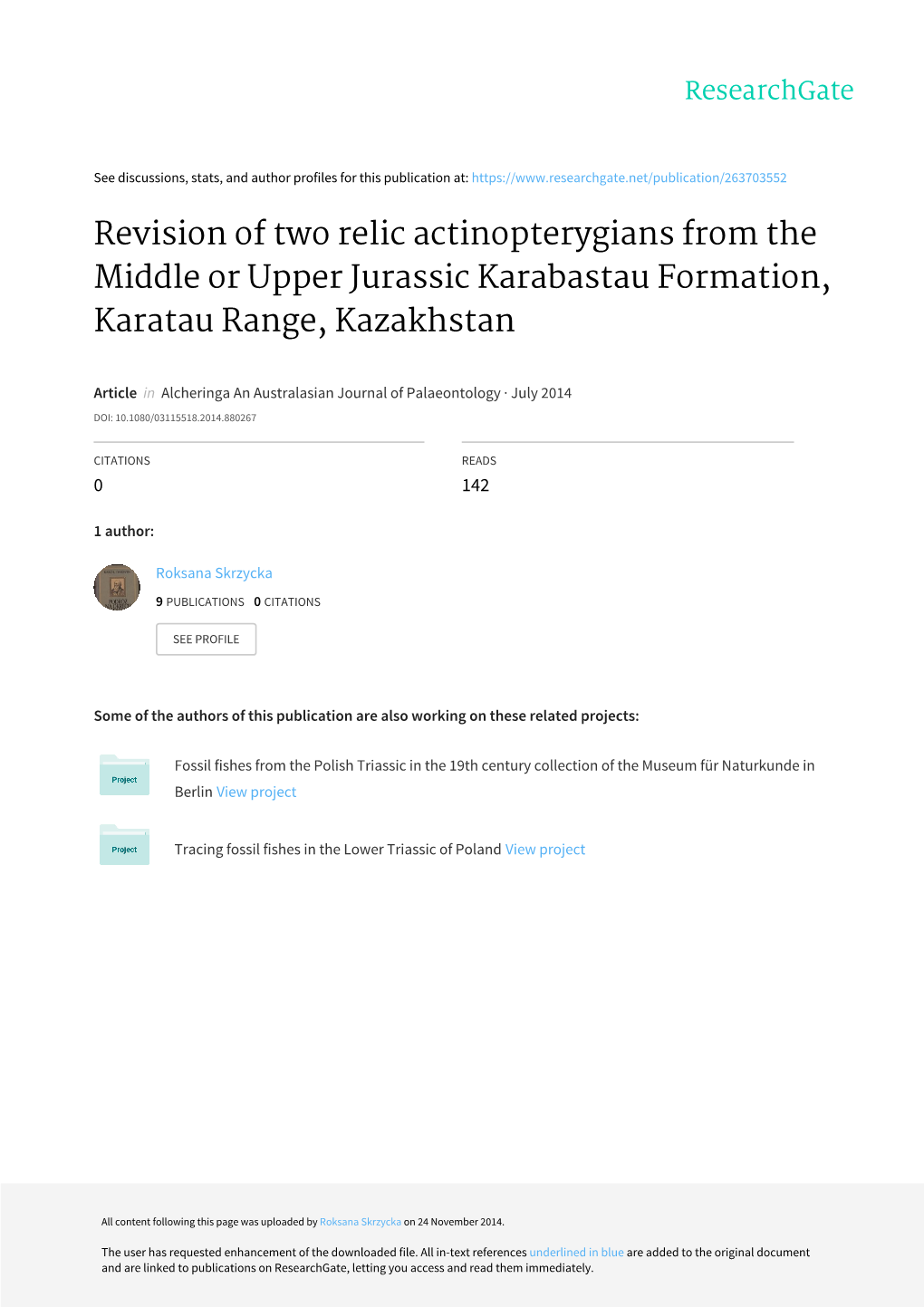 Revision of Two Relic Actinopterygians from the Middle Or Upper Jurassic Karabastau Formation, Karatau Range, Kazakhstan