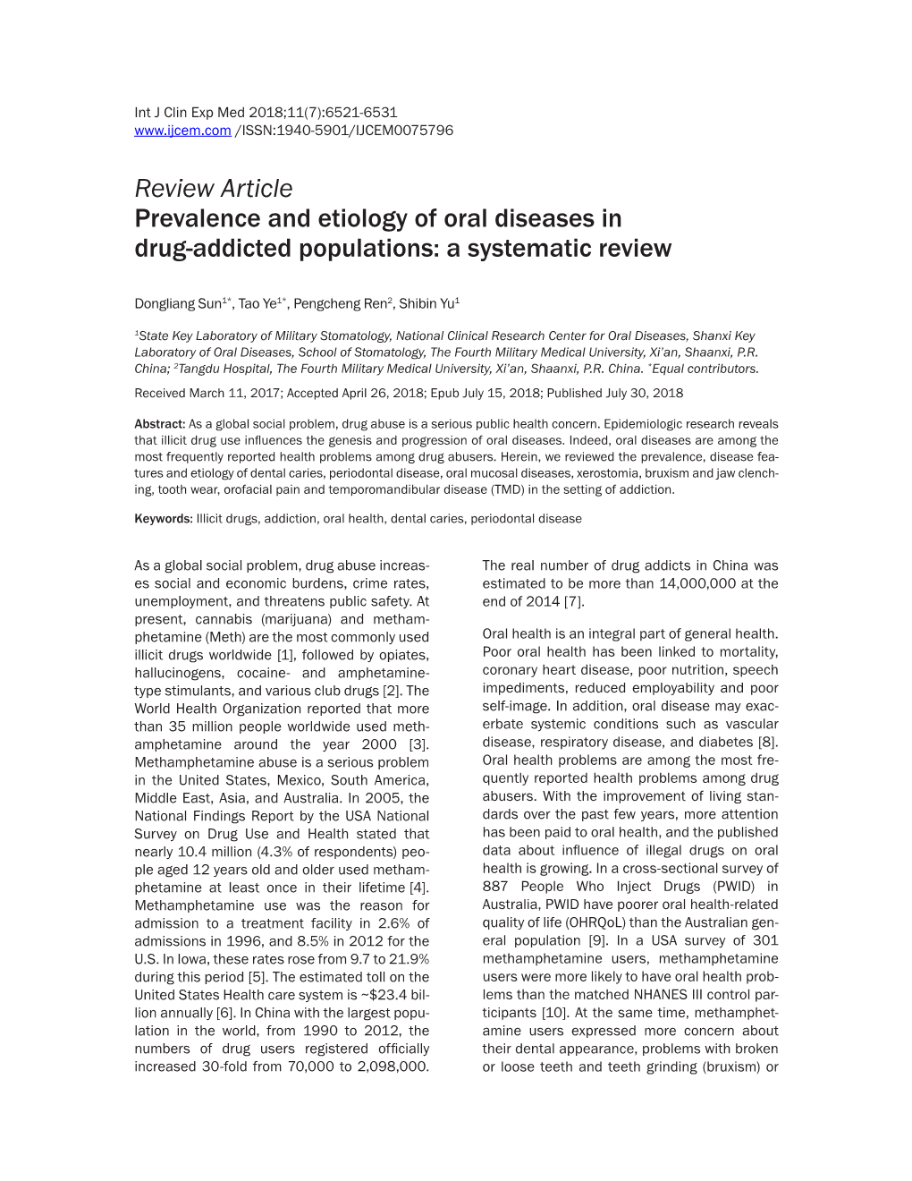Review Article Prevalence and Etiology of Oral Diseases in Drug-Addicted Populations: a Systematic Review