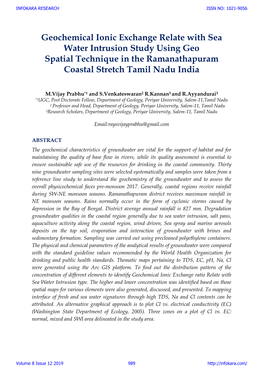 Geochemical Ionic Exchange Relate with Sea Water Intrusion Study Using Geo Spatial Technique in the Ramanathapuram Coastal Stretch Tamil Nadu India