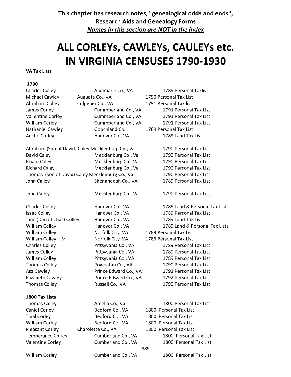 Corleys, Cawleys, Cauleys Etc. in VIRGINIA CENSUSES 1790-1930 VA Tax Lists