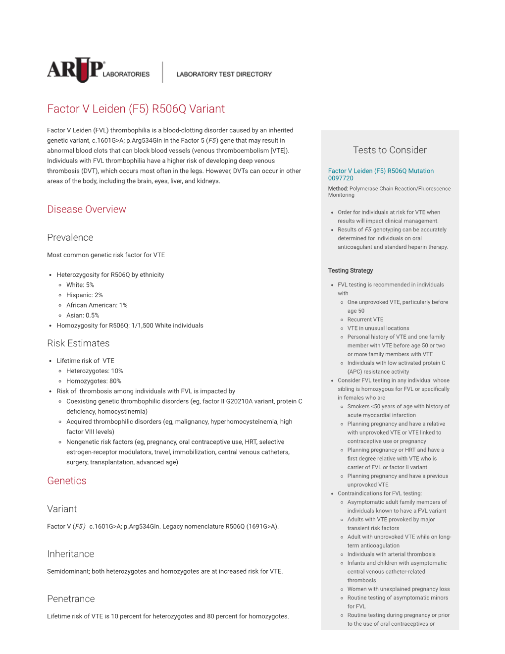 Factor V Leiden (F5) R506Q Variant