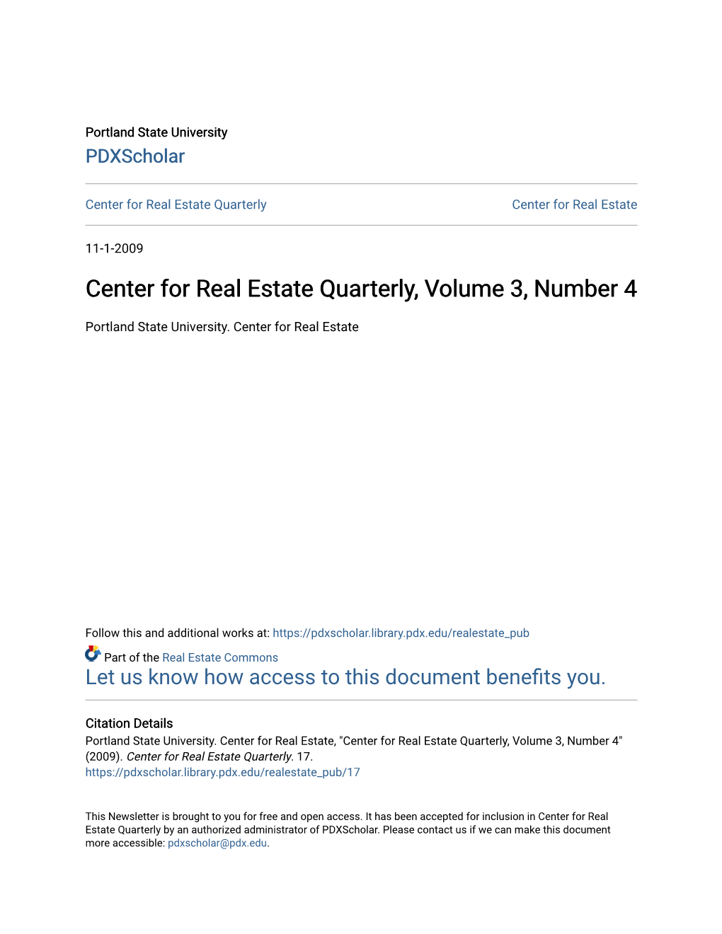 Center for Real Estate Quarterly, Volume 3, Number 4