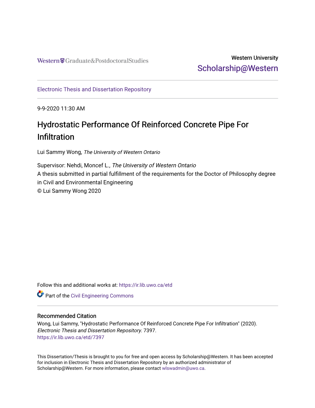 Hydrostatic Performance of Reinforced Concrete Pipe for Infiltration