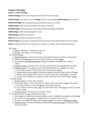 Chapter 4 Unit Notes Lesson 1: Forms of Energy Chemical Energy