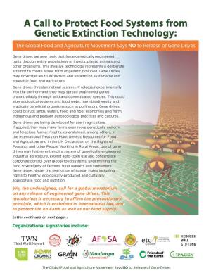 A Call to Protect Food Systems from Genetic Extinction Technology: the Global Food and Agriculture Movement Says NO to Release of Gene Drives