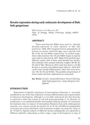 Keratin Expression During Early Embryonic Development of Bufo Bufo Gargarizans