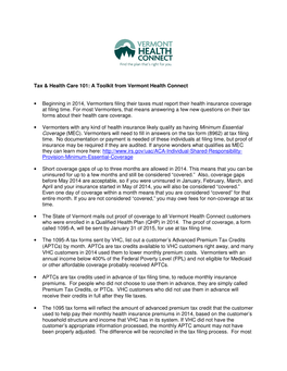 Tax & Health Care 101: a Toolkit from Vermont Health Connect