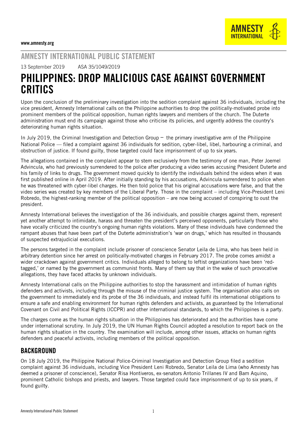 Philippines: Drop Malicious Case Against Government Critics