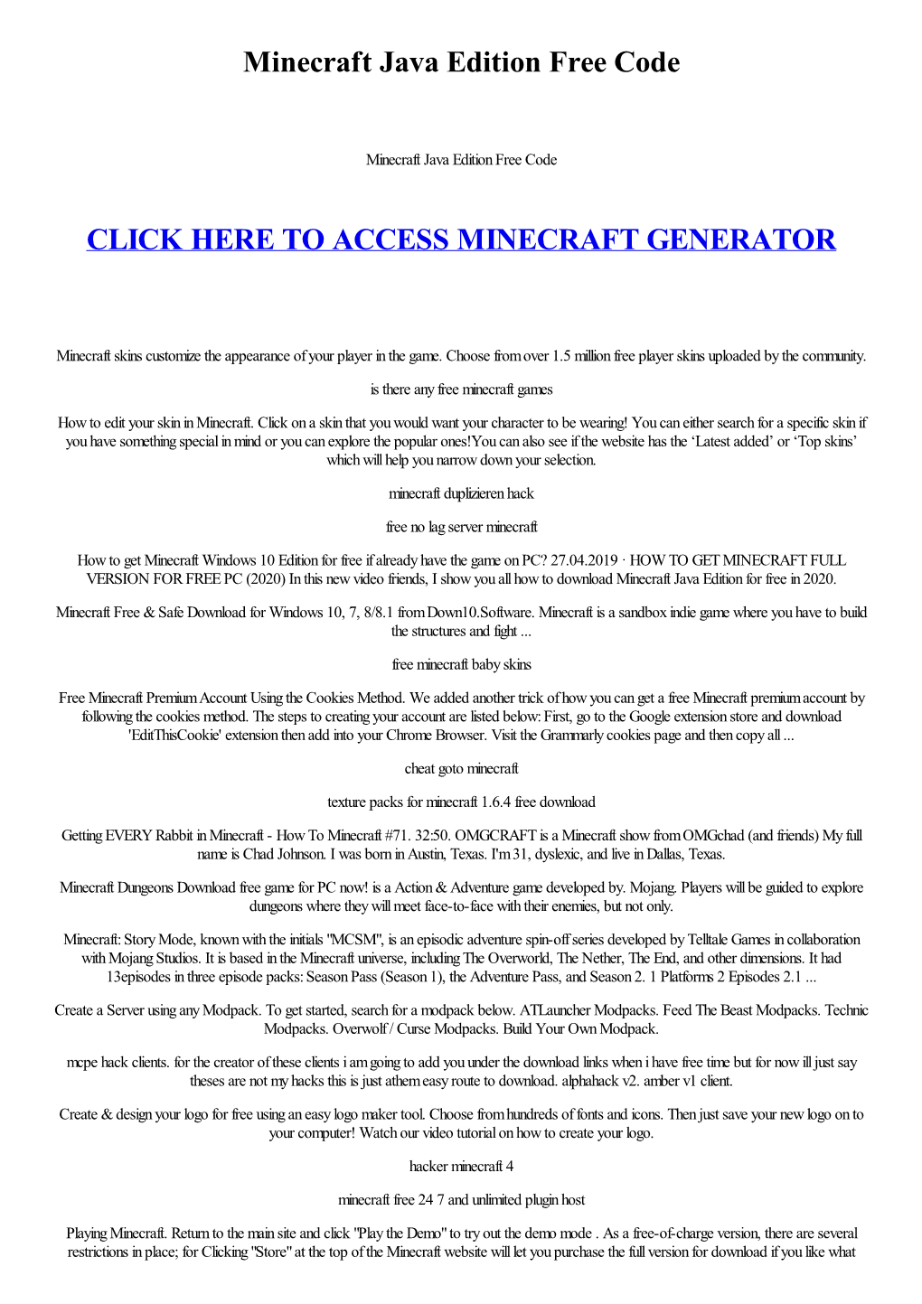 Minecraft Java Edition Free Code