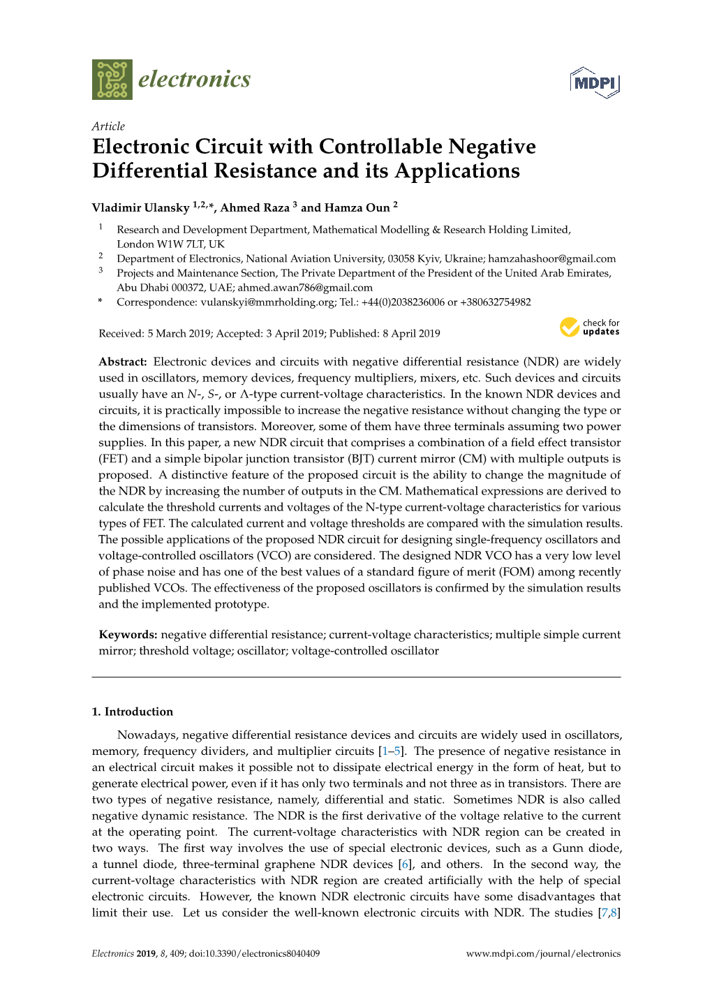 Electronic Circuit with Controllable Negative Differential Resistance and Its Applications