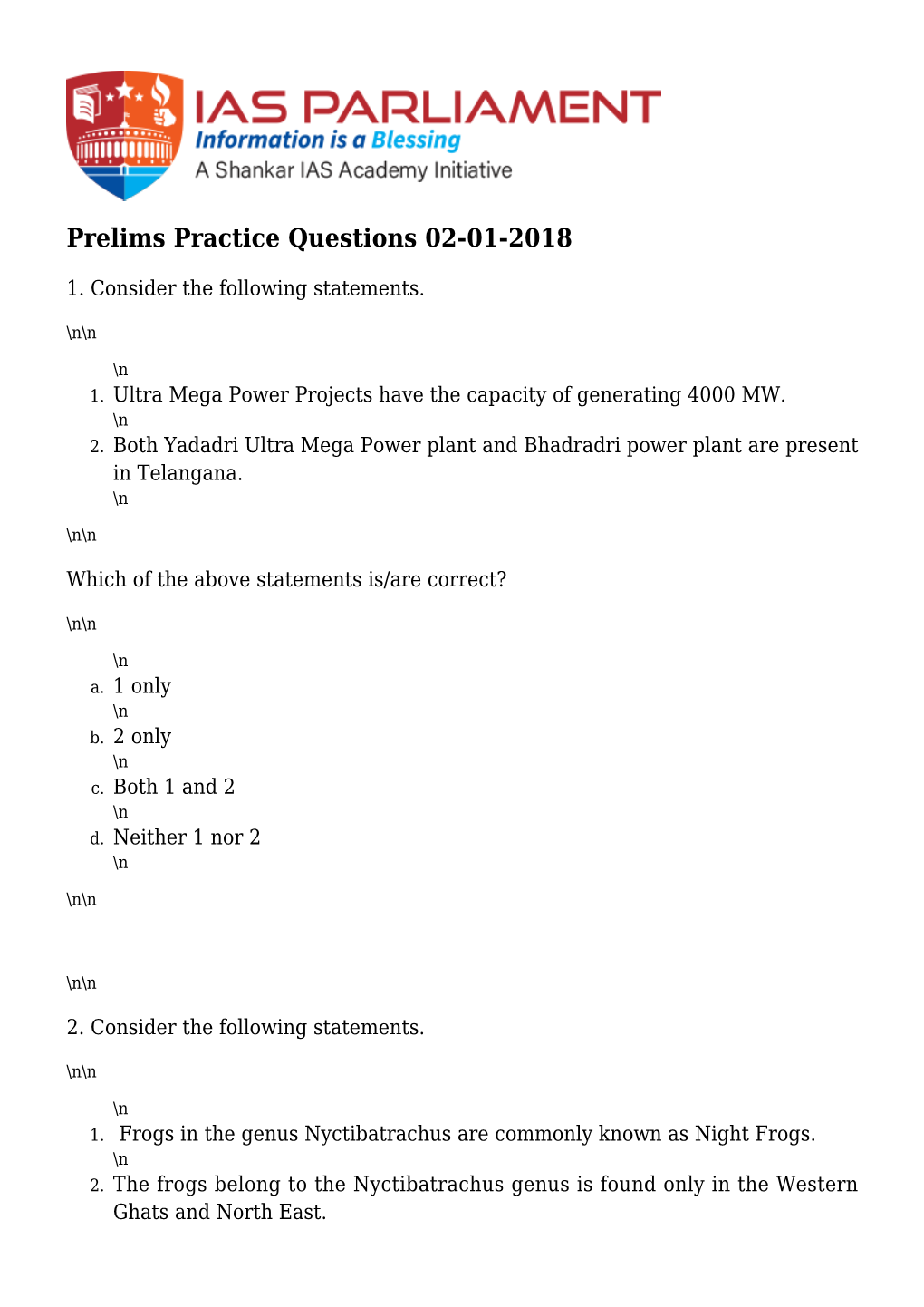 Prelims Practice Questions 02-01-2018