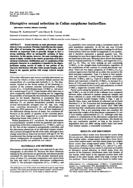 Disruptive Sexual Selection in Colias Eurytheme Butterflies (Pheromone Variation/Aflanes/Courtship) THOMAS W