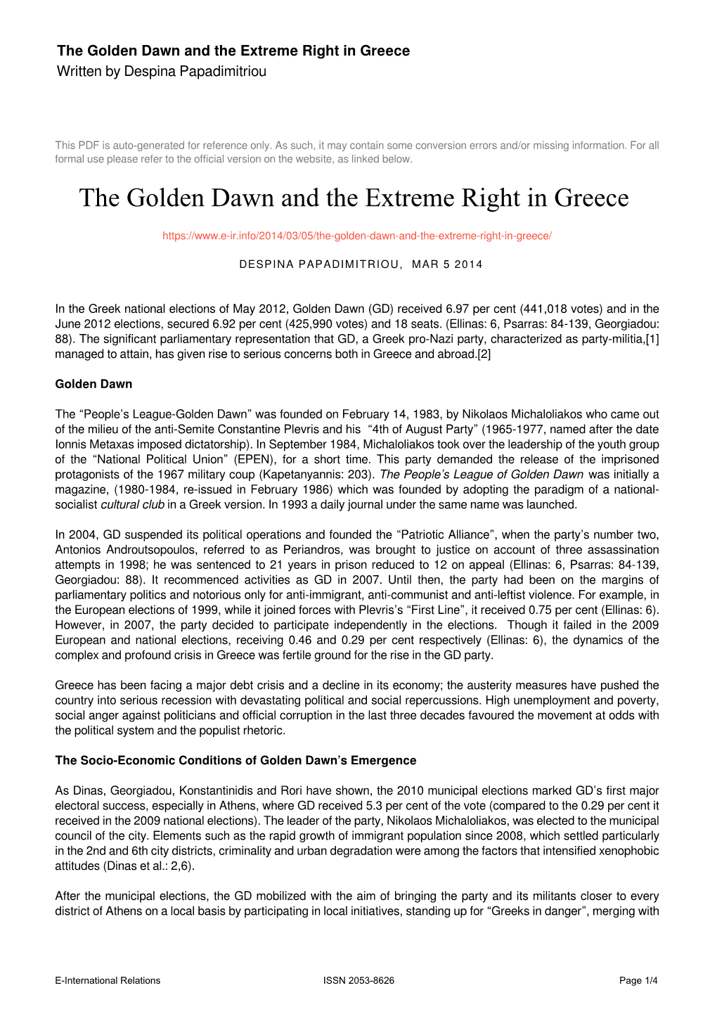 The Golden Dawn and the Extreme Right in Greece Written by Despina Papadimitriou