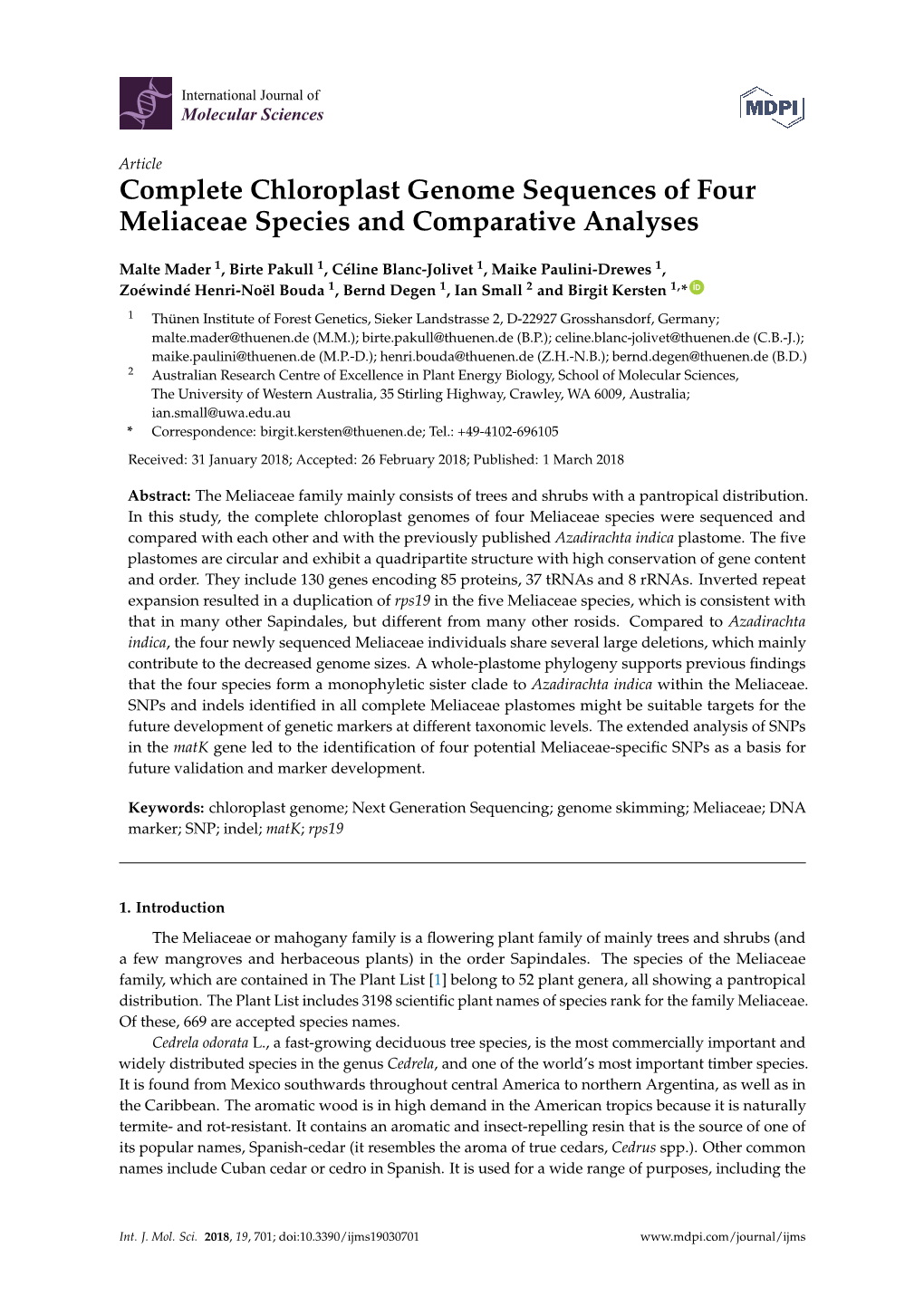 Complete Chloroplast Genome Sequences of Four Meliaceae Species and Comparative Analyses