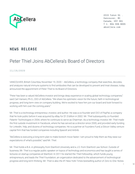 Peter Thiel Joins Abcellera's Board of Directors