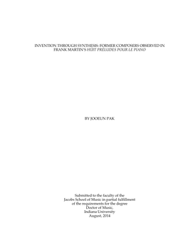 Invention Through Synthesis: Former Composers Observed in Frank Martin’S Húit Préludes Pour Le Piano