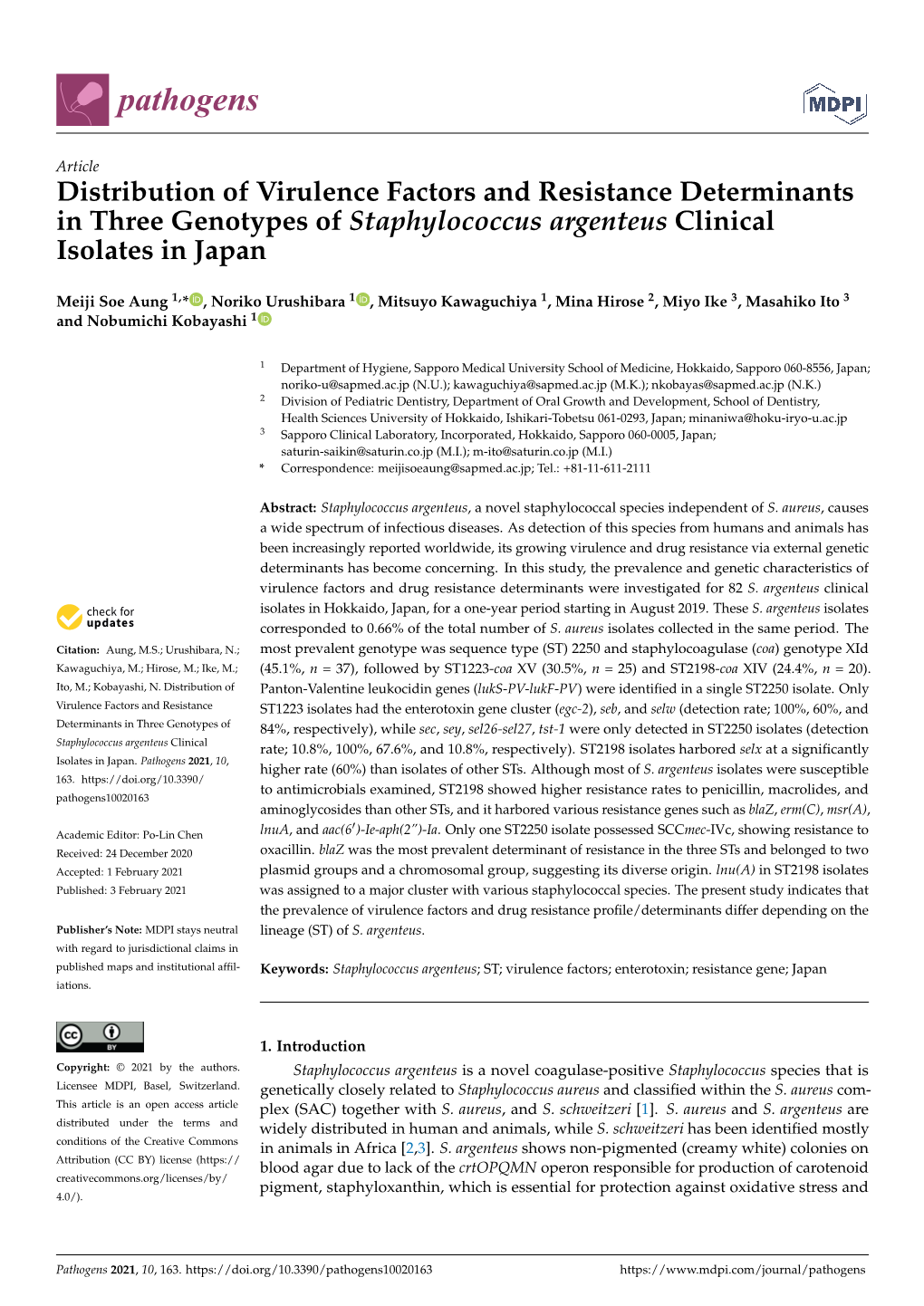 Distribution of Virulence Factors and Resistance Determinants in Three Genotypes of Staphylococcus Argenteus Clinical Isolates in Japan