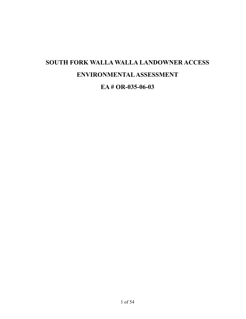 South Fork Walla Walla Landowner Access Environmental Assessment Ea # Or-035-06-03