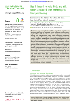 Health Hazards to Wild Birds and Risk Factors Associated with Anthropogenic Rstb.Royalsocietypublishing.Org Food Provisioning