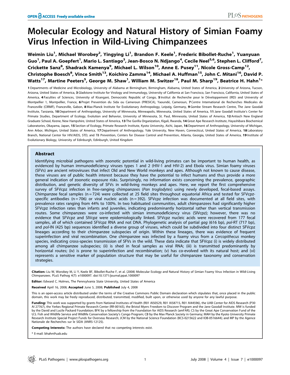 Molecular Ecology and Natural History of Simian Foamy Virus Infection in Wild-Living Chimpanzees