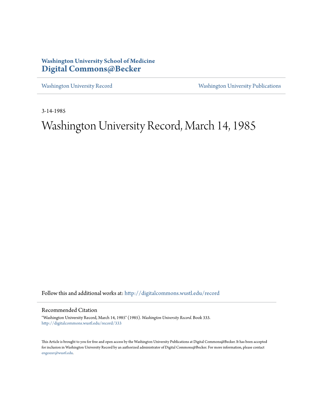 Washington University Record, March 14, 1985