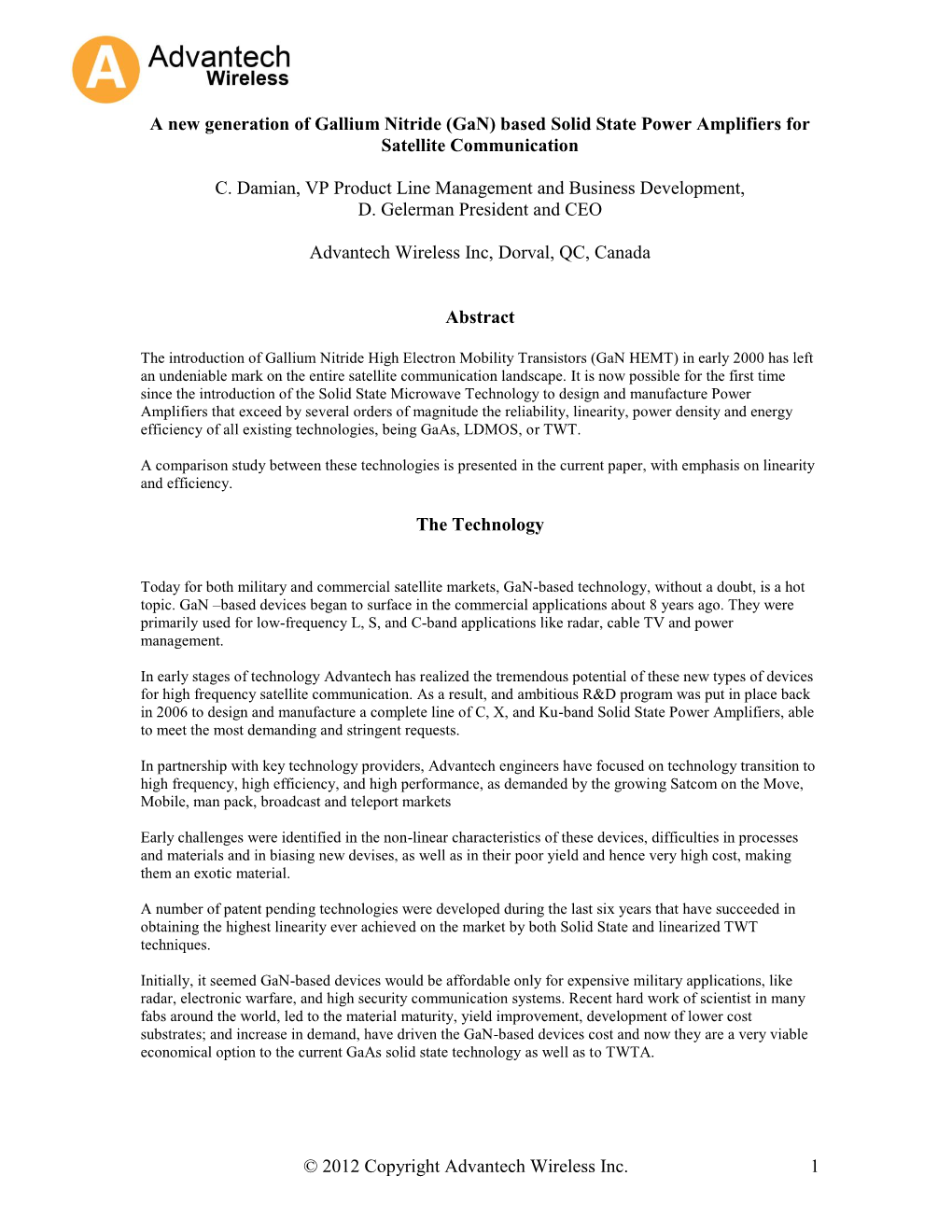 ( Gan) Based Solid State Power Amplifiers for Satellite Communication