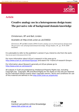 Article Creative Analogy Use in a Heterogeneous Design Team: The