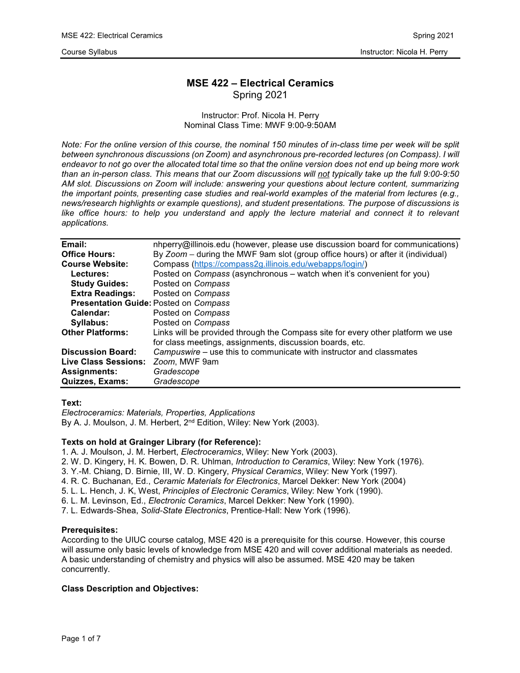 MSE 422 – Electrical Ceramics Spring 2021