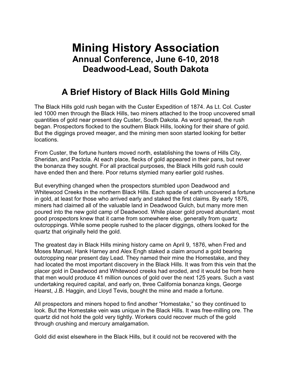 2/1/2018 a Brief History of Gold Mining in the Black Hills