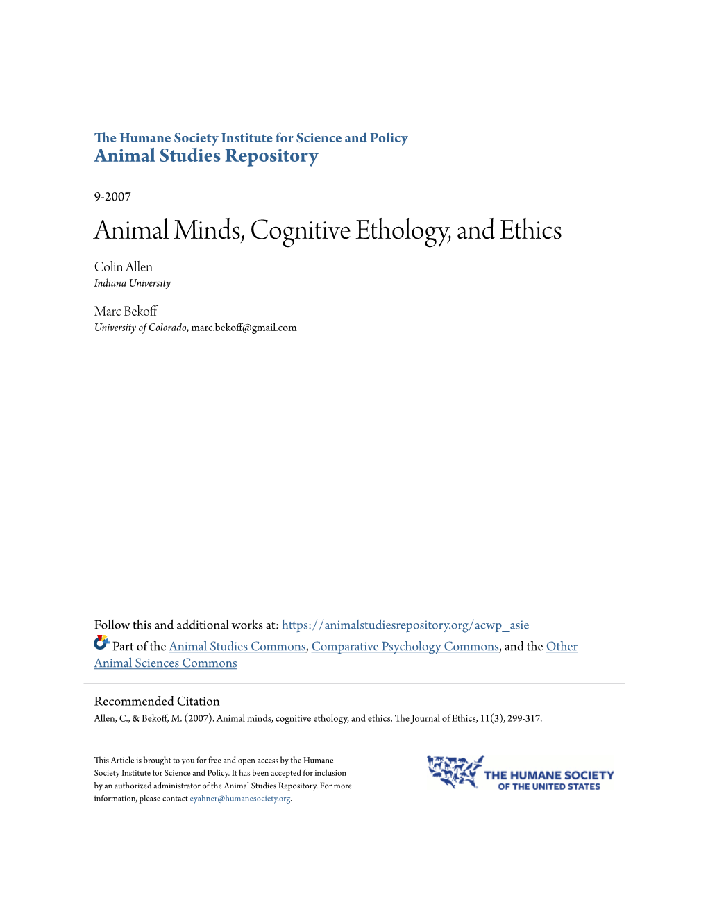 Animal Minds, Cognitive Ethology, and Ethics Colin Allen Indiana University